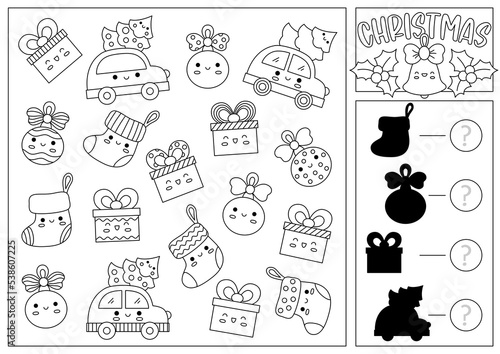 Christmas black and white I spy and shadow match game for kids. Searching and counting line activity with cute kawaii winter holiday symbols. New Year printable worksheet or coloring page.