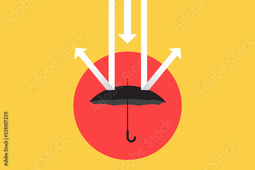 A umbrella to cover and protect from downturn arrow. Protection or defensive stock in economy crisis