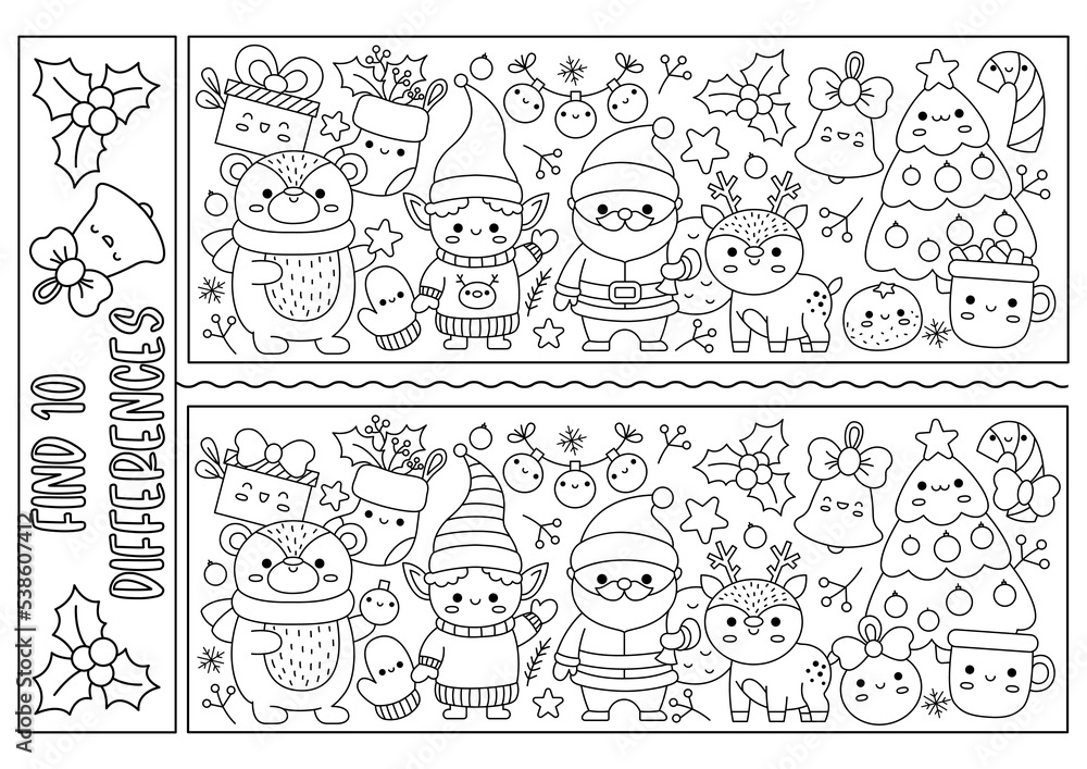 Christmas black and white find differences game for children. Attention ...