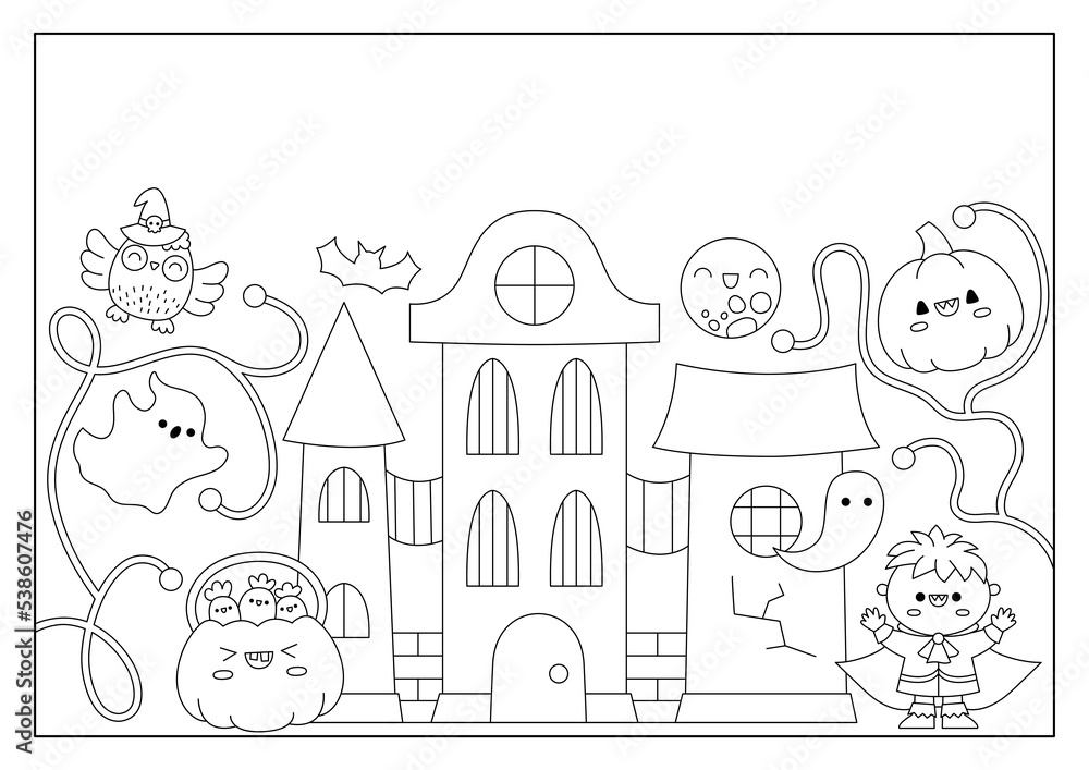 Naklejka premium Vector black and white Halloween background with cute haunted house, bat, witch, vampire. Funny autumn holiday line card, activity book cover. Cartoon trick or treat horizontal coloring page.