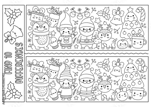 Christmas black and white find differences game for children. Attention skills activity with cute Santa Claus, deer, tree, animals and winter symbols. New Year line puzzle or coloring page for kids.