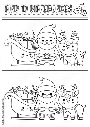 Christmas black and white find differences game for children. Attention skills activity with cute Santa Claus, sledge, deer. New Year line coloring page for kids. What is different worksheet.