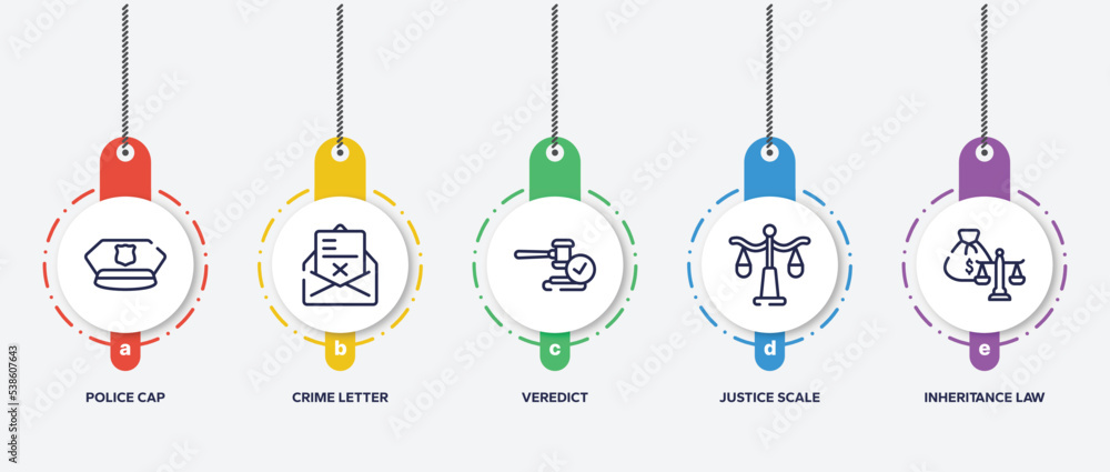 infographic element template with law and justice outline icons such as police cap, crime letter, veredict, justice scale, inheritance law vector. infographic element template with law and justice outline icons such as police cap, crime letter, veredict, justice scale, inheritance law vector.