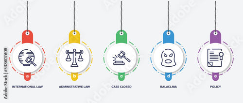 infographic element template with law and justice outline icons such as international law, adminstrative law, case closed, balaclava, policy vector.