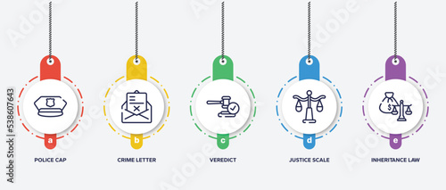 infographic element template with law and justice outline icons such as police cap, crime letter, veredict, justice scale, inheritance law vector.