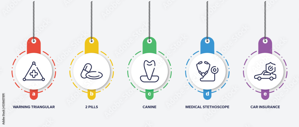 infographic element template with insurance outline icons such as warning triangular, 2 pills, canine, medical stethoscope variant, car insurance vector. infographic element template with insurance outline icons such as warning triangular, 2 pills, canine, medical stethoscope variant, car insurance vector.