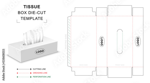 Tissue box die cut template with 3D blank vector mockup for retail packaging