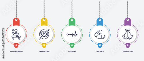 infographic element template with physics chemistry outline icons such as raising hand, gyroscope, life line, capsule, pendulum vector.