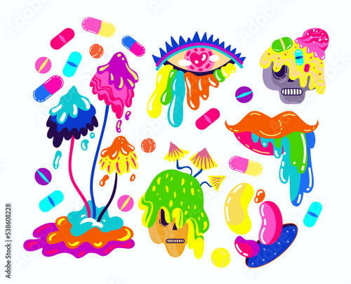 Acid abstract characters and objects. Psychedelic Decorative Templates. Sticker set. Vector illustration surreal psychedelic mushrooms, skulls, lips, portal.