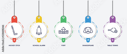 infographic element template with sports outline icons such as hockey stick, school alarm, fort, shakespeare, table tennis vector.
