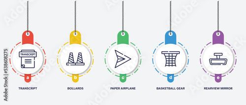 infographic element template with driving school outline icons such as transcript, bollards, paper airplane, basketball gear, rearview mirror vector.