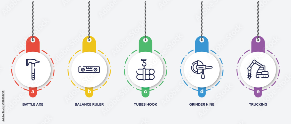 infographic element template with construction hinery outline icons such as battle axe, balance ruler, tubes hook, grinder hine, trucking vector. infographic element template with construction hinery outline icons such as battle axe, balance ruler, tubes hook, grinder hine, trucking vector.