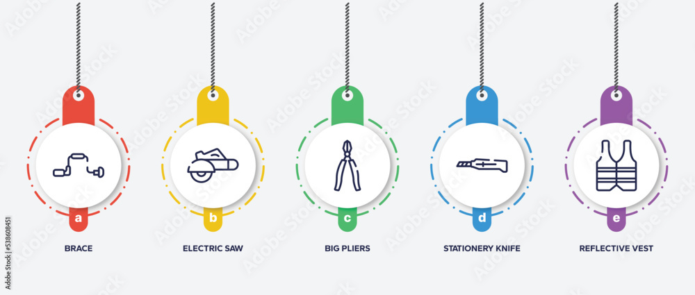 infographic element template with construction elements outline icons such as brace, electric saw, big pliers, stationery knife, reflective vest vector. infographic element template with construction elements outline icons such as brace, electric saw, big pliers, stationery knife, reflective vest vector.