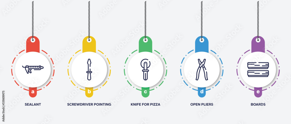 infographic element template with building outline icons such as sealant, screwdriver pointing up, knife for pizza, open pliers, boards vector. infographic element template with building outline icons such as sealant, screwdriver pointing up, knife for pizza, open pliers, boards vector.
