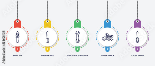 infographic element template with housekeeping outline icons such as drill tip, bread knife, adjustable wrench, tipper truck, toilet brush vector.
