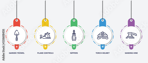 infographic element template with building outline icons such as garden trowel, plane controls, nippers, torch helmet, sanding hine vector.