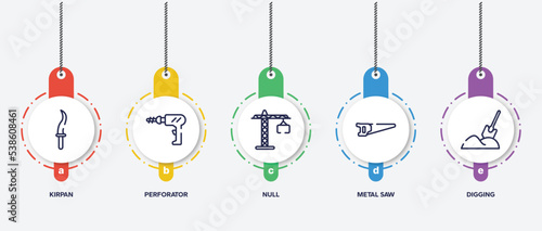 infographic element template with building outline icons such as kirpan, perforator, null, metal saw, digging vector.