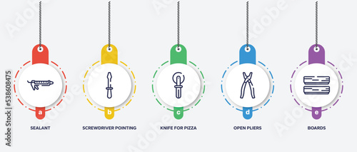 infographic element template with building outline icons such as sealant, screwdriver pointing up, knife for pizza, open pliers, boards vector.