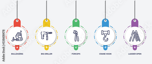 infographic element template with tools and hinery outline icons such as bulldozing, big driller, forceps, crane hook, ladder open vector.