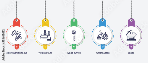 infographic element template with construction outline icons such as construction tools, two spatulas, wood cutter, farm tractor, lodge vector.
