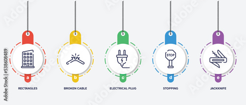infographic element template with construction elements outline icons such as rectangles, broken cable, electrical plug, stopping, jackknife vector.
