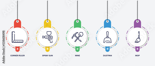 infographic element template with housekeeping outline icons such as corner ruler, spray gun, mine, dustpan, mop vector.