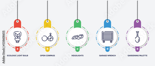 infographic element template with toolbox outline icons such as ecologic light bulb, open compass, headlights, garage wrench, gardening palette vector.
