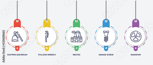 infographic element template with construction outline icons such as dustpan and brush, stillson wrench, wastes, garage screw, radiation vector.