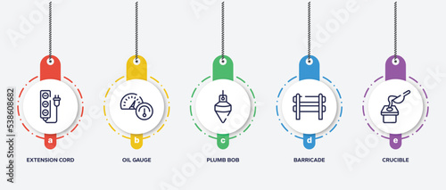 infographic element template with mining and crafting outline icons such as extension cord, oil gauge, plumb bob, barricade, crucible vector.
