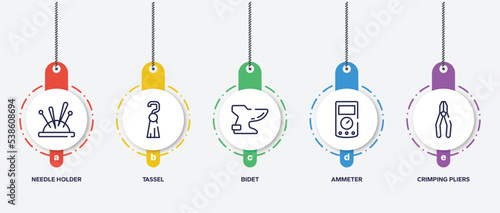 infographic element template with construction outline icons such as needle holder, tassel, bidet, ammeter, crimping pliers vector.