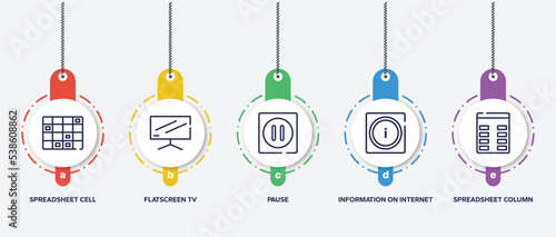 infographic element template with computer and media outline icons such as spreadsheet cell row, flatscreen tv, pause, information on internet, spreadsheet column vector.