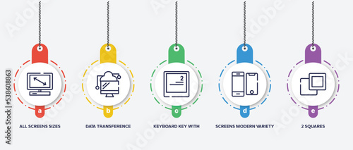 infographic element template with computer and media outline icons such as all screens sizes, data transference by internet, keyboard key with number 2, screens modern variety, 2 squares vector.