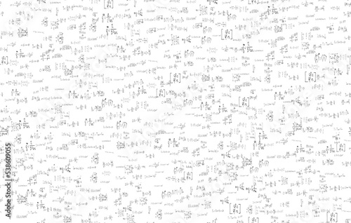 Formulas of astrophysics, quantum mechanics, radio circuits. Scientific, educational background on white. Hand drawn.