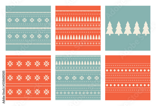 Set of Christmas and New Year seamless patterns. Fair Isle flat knitted pattern with Scandinavian snowflakes, Christmas trees and deer for winter hat, sweater, jumper, paper or other designs.