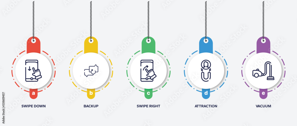infographic element template with electronic device outline icons such as swipe down, backup, swipe right, attraction, vacuum vector. infographic element template with electronic device outline icons such as swipe down, backup, swipe right, attraction, vacuum vector.