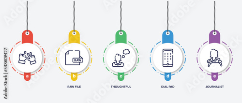 infographic element template with interview outline icons such as , raw file, thoughtful, dial pad, journalist vector.