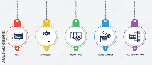 infographic element template with cinema outline icons such as null, movie light, video tings, movie clapper, film strip of two photograms vector.