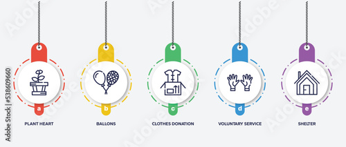 infographic element template with charity outline icons such as plant heart, ballons, clothes donation, voluntary service, shelter vector.
