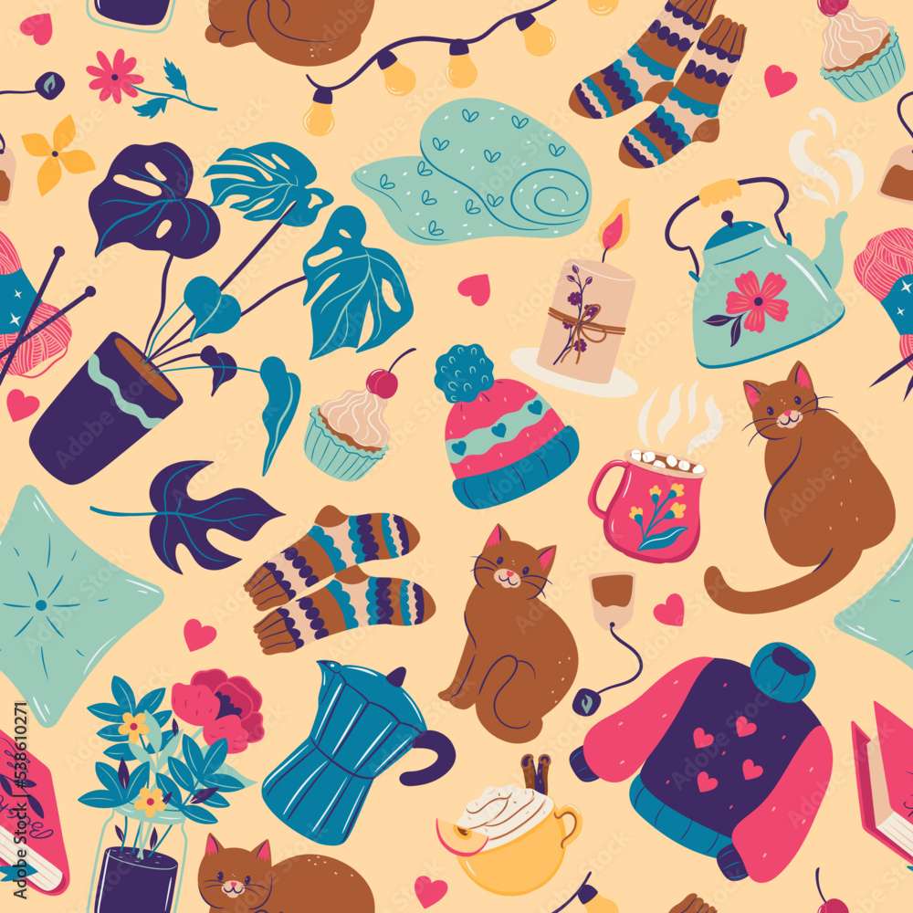 Seamless pattern with cats and hygge items. Vector graphics. Seamless pattern with cats and hygge items. Vector graphics.