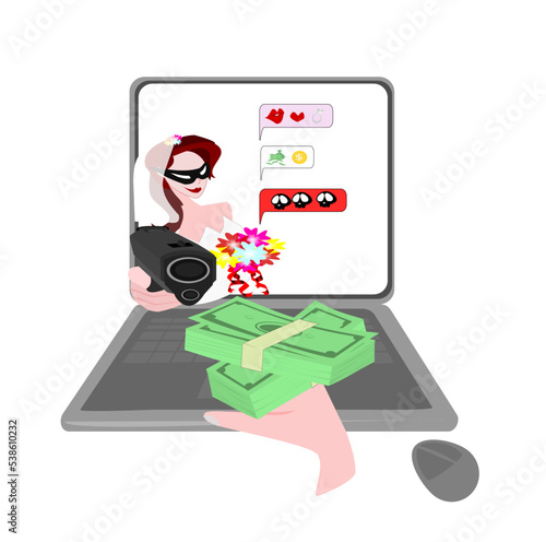  Vector romance scammer concept on isalate background.computer and a bride with a gun are robbing.Hand giving money.The message on the screen tells of a scam to take property from the victim.