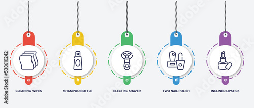 infographic element template with beauty salon outline icons such as cleaning wipes, shampoo bottle, electric shaver for women, two nail polish, inclined lipstick vector.