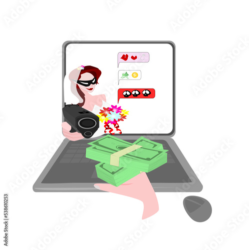 Vector romance scammer concept on 
 isalate background.computer and a bride with a gun are robbing.Hand giving money.The message on the screen tells of a scam to take property from the victim.