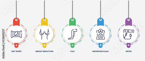 infographic element template with miscellaneous outline icons such as wet wipes, breast reduction, calf, bathroom scale, dryer vector.