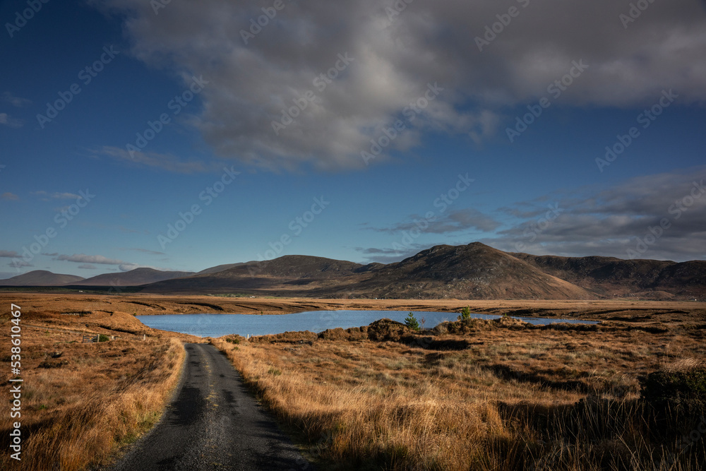 Wide landscape around Lough Gar, county Mayo, Ireland.Traces of turf cutting are visible on the shores of the lake.