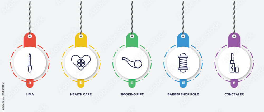 infographic element template with beauty outline icons such as lima, health care, smoking pipe, barbershop pole, concealer vector. infographic element template with beauty outline icons such as lima, health care, smoking pipe, barbershop pole, concealer vector.