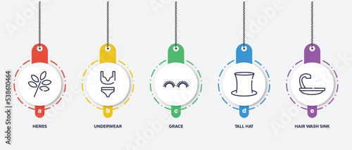 infographic element template with hairdressing outline icons such as herbs, underwear, grace, tall hat, hair wash sink vector.