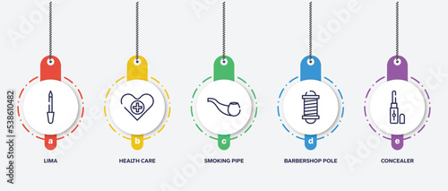 infographic element template with beauty outline icons such as lima, health care, smoking pipe, barbershop pole, concealer vector.