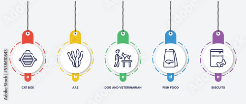 infographic element template with pet shop lineal outline icons such as cat box, aae, dog and veterinarian, fish food, biscuits vector.