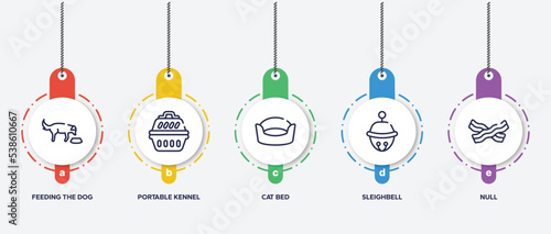 infographic element template with pet shop outline icons such as feeding the dog, portable kennel, cat bed, sleighbell, null vector.