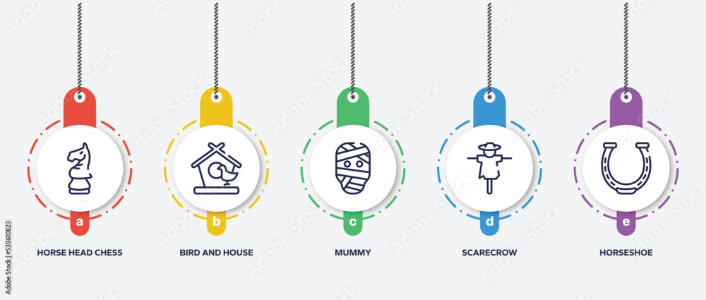 infographic element template with horses outline icons such as horse head chess piece, bird and house, mummy, scarecrow, horseshoe vector. infographic element template with horses outline icons such as horse head chess piece, bird and house, mummy, scarecrow, horseshoe vector.